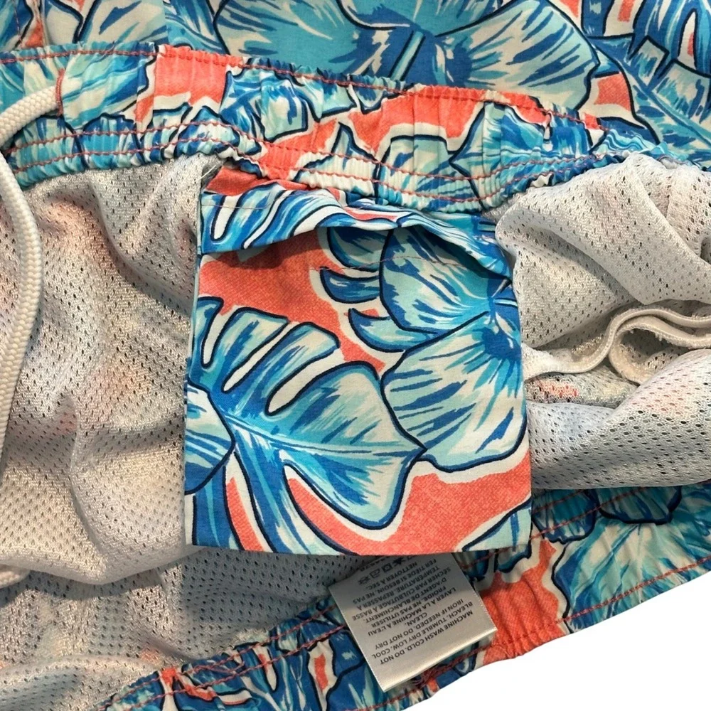 Vineyard Vines‎ Mens Tropical Hibiscus Swim Trunks Blue Coral Pink Medium